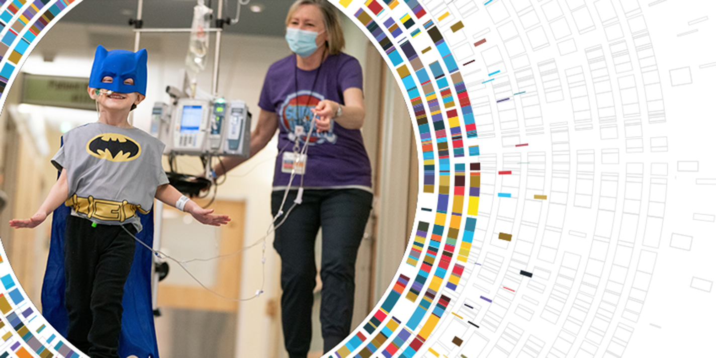 Child in a Batman costume runs down the hallway