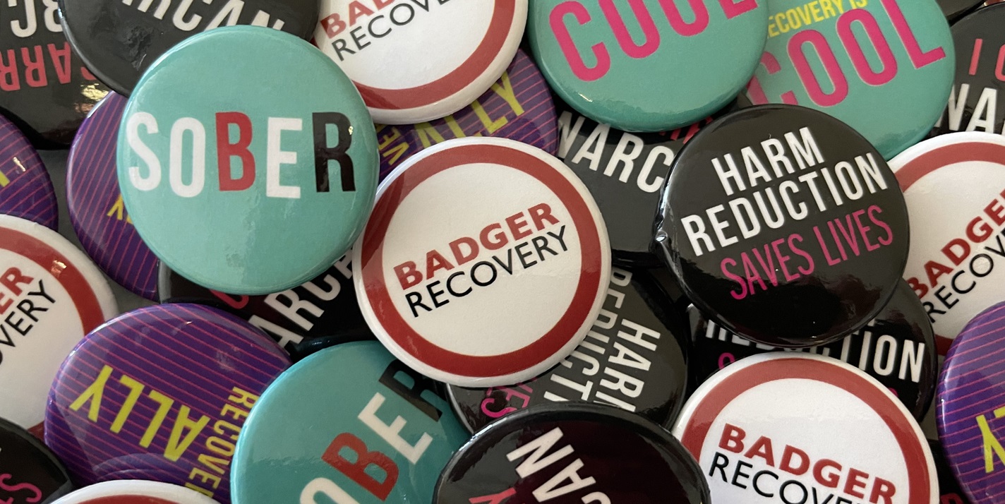 Several buttons reading "Sober," "Badger Recovery," and other recovery related phrases