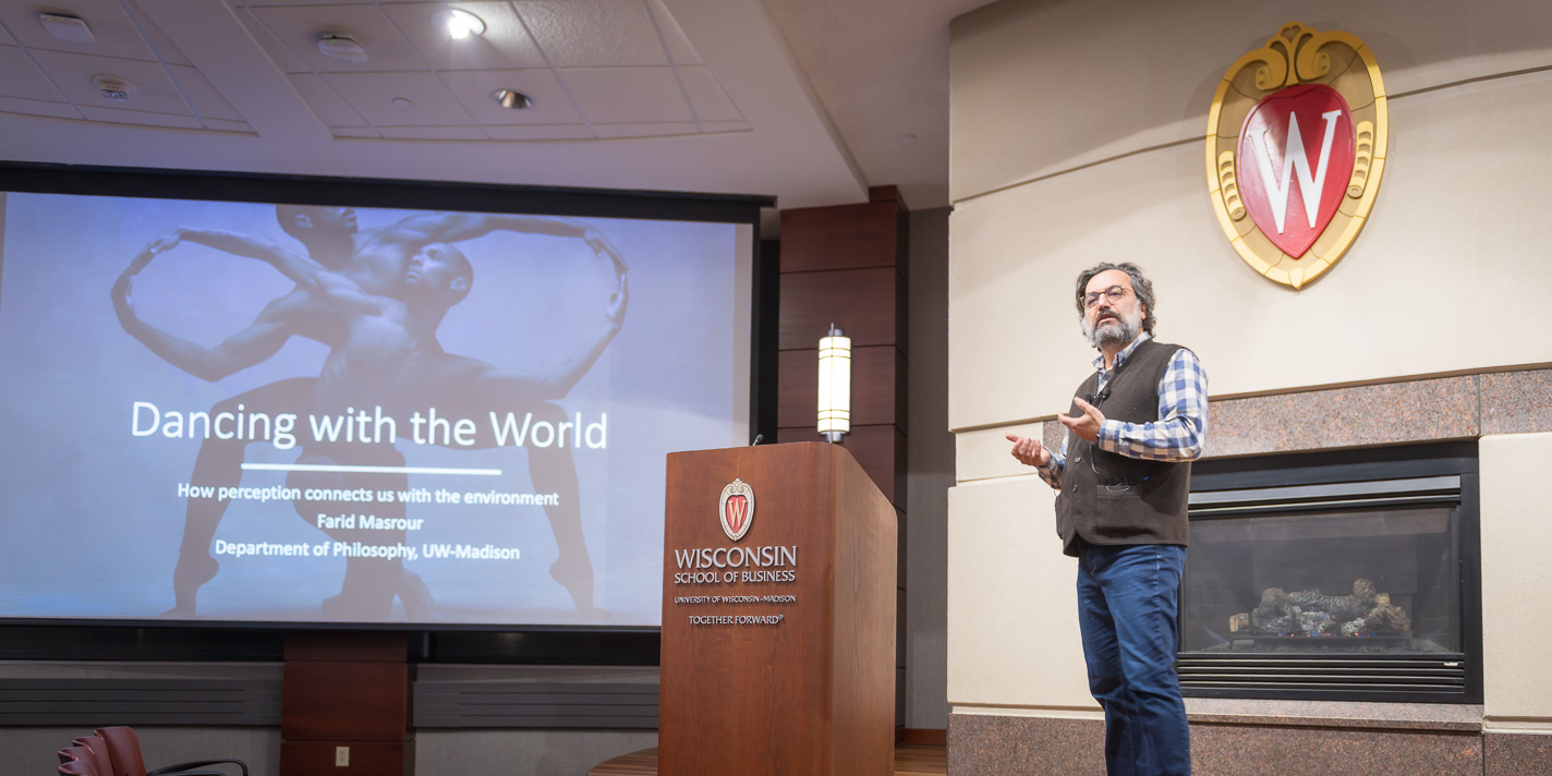 Professor shown during a lecture