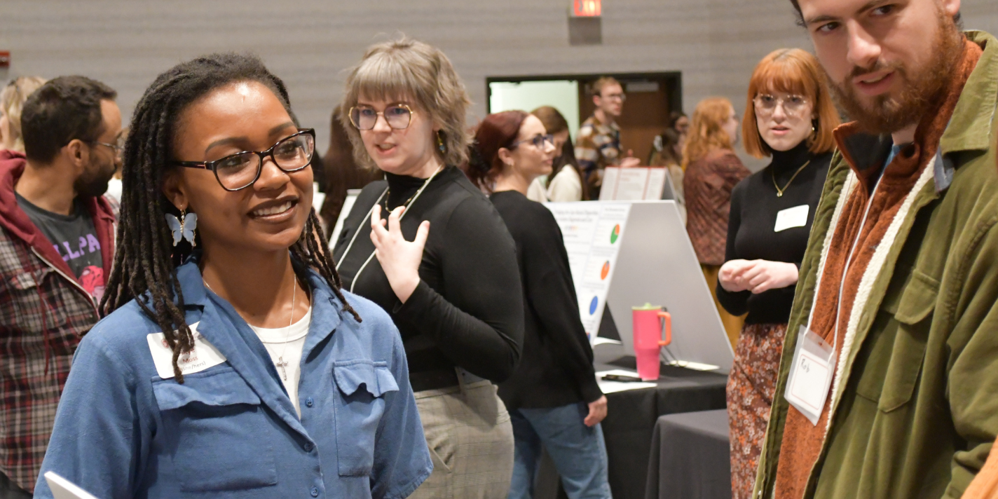 Students shown presenting their projects at an event.