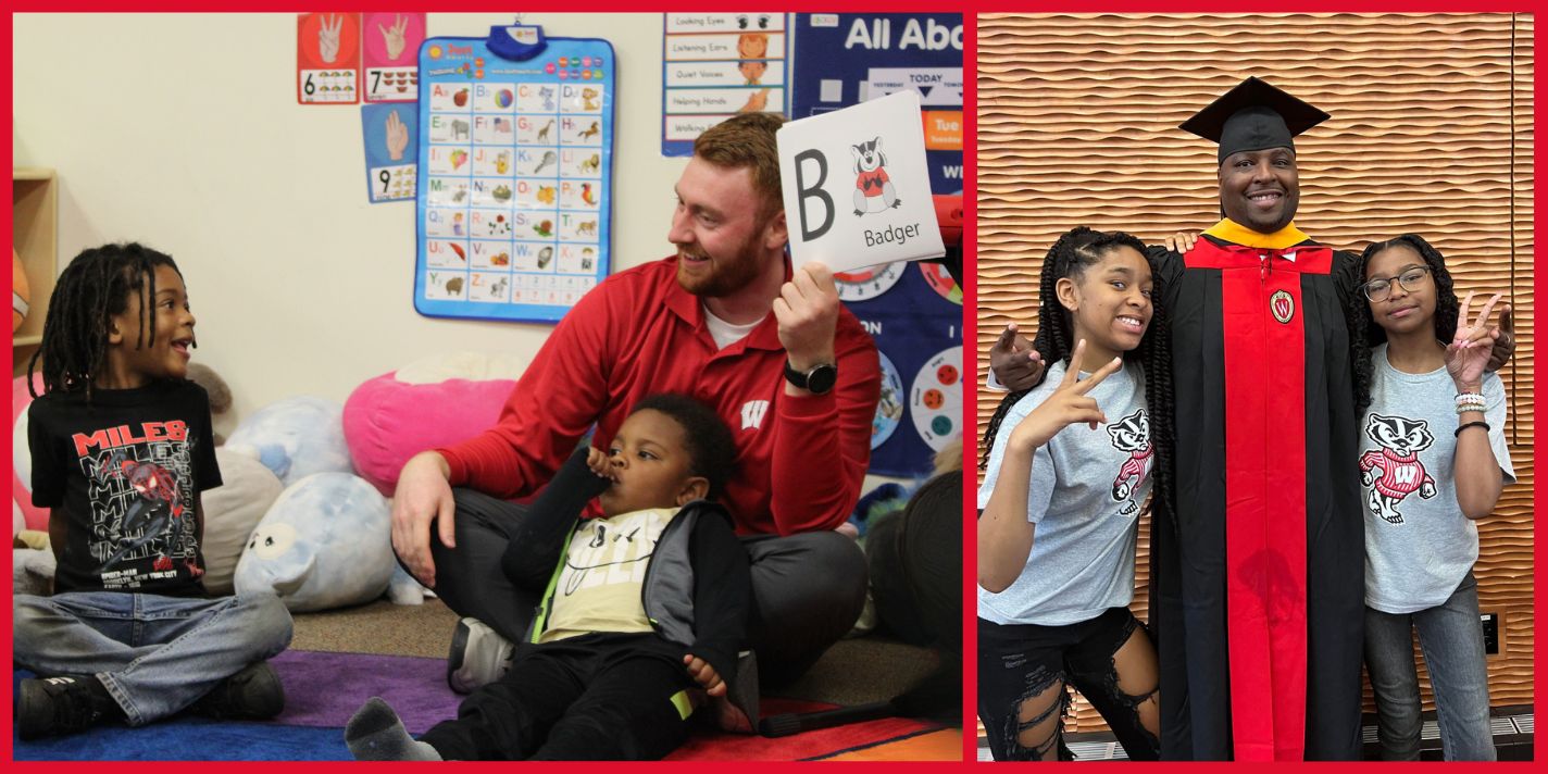 People are shown in a classroom and graduating setting